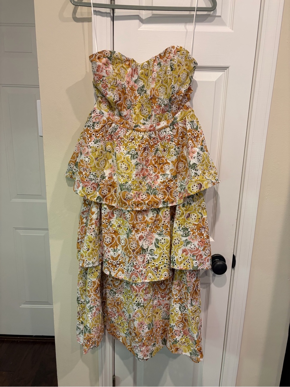 Tiered Floral Strapless Dress in Yellow and Pink